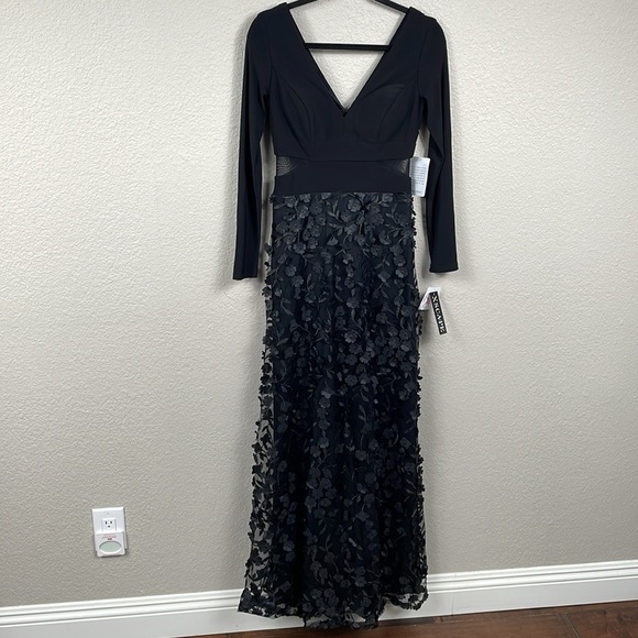 NWT Xscape Aurora 3D Floral Mesh Cutout Long Sleeve Gown Black Sz 4 - Picture 4 of 15